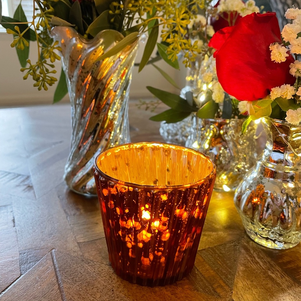 12 - New, Burgundy/Copper Mercury Glass Candle Holders (spiral/cupcake pattern)
